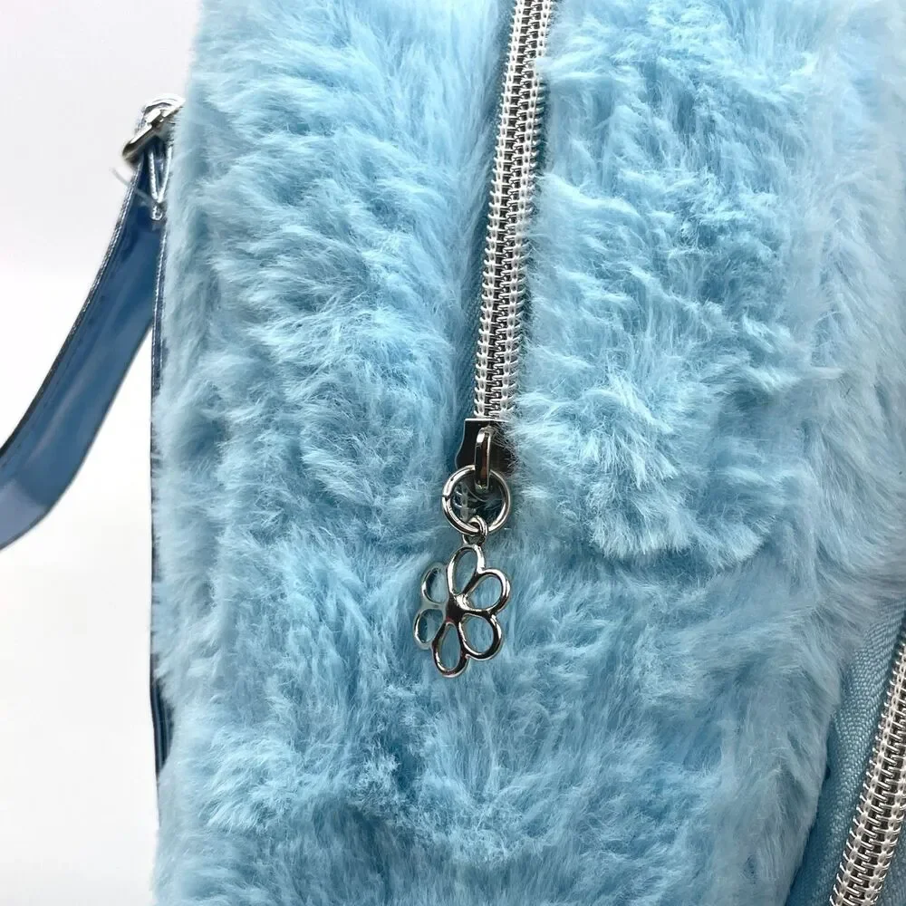 Disney Lilo & Stitch Faux Fur Mini Backpack Blue Fuzzy Sequin Bag EUC